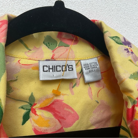 Chico's Yellow, Pink, Green Floral 100% Cotton Button Front Jacket Size 1 M/8 - Picture 3 of 5